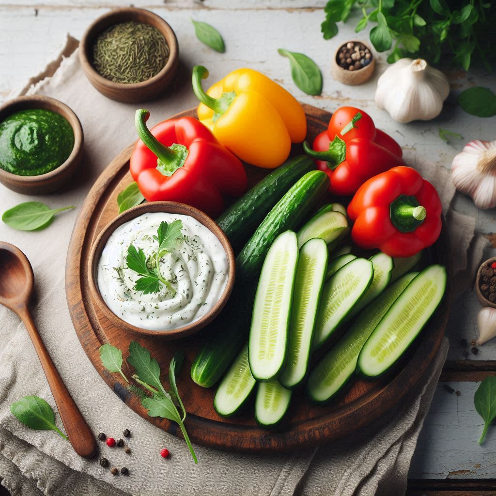 Recipe Cucumber and bell pepper sticks with yogurt dressing